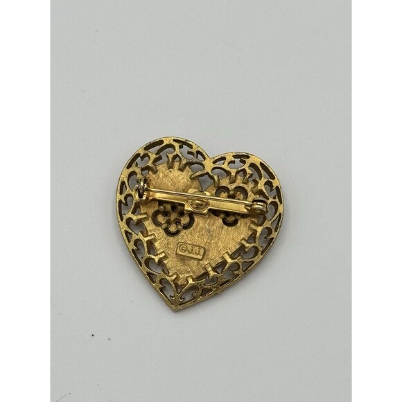 Vintage JJ Jonette Jewelry Heart Brooch Gold Tone Red Flower Filigree Pin Signed - Picture 2 of 2
